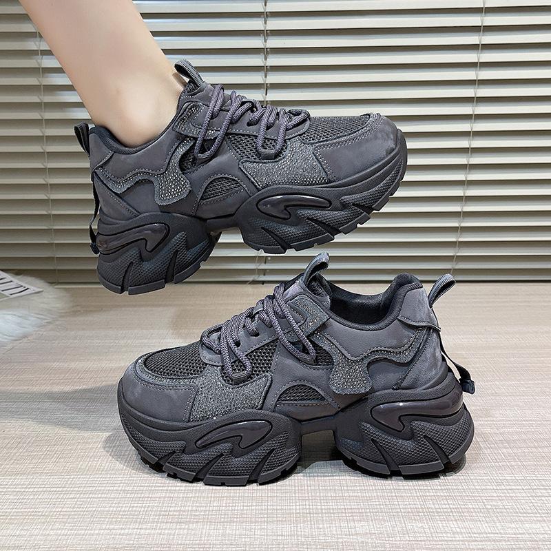 Rhinestone Daddy shoes breathable mesh autumn new 2025 new year super fire muffin platform sports casual shoes women