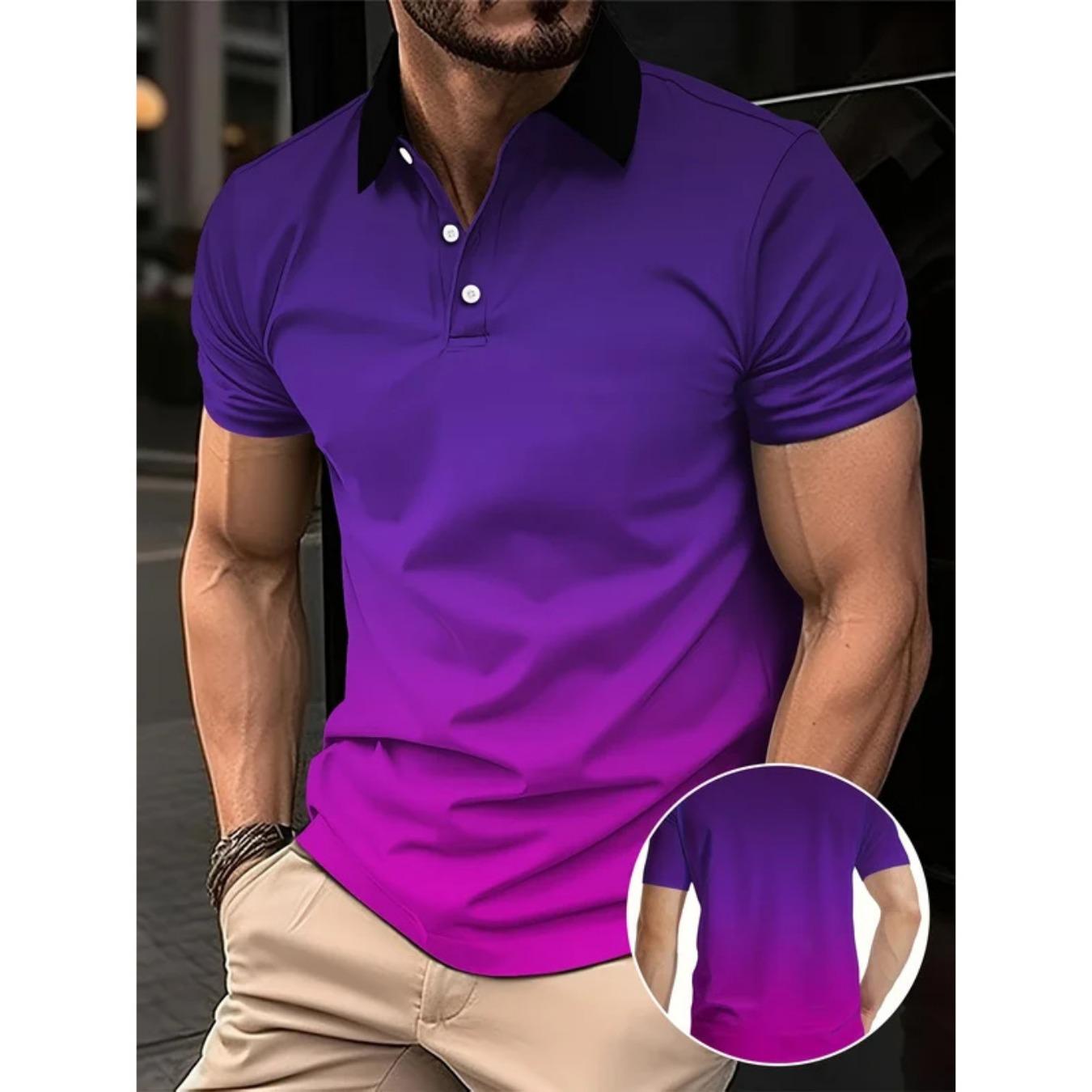 Men s fashion gradient color shirt polo lapel golf shirt short-sleeved printed button clothing S