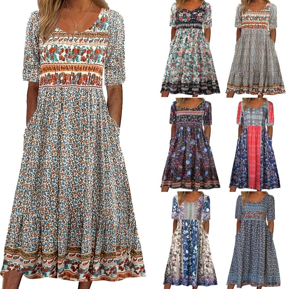 Summer New Women's Round Neck Short Sleeved Long Dress Bohemian Printed Dress for Women