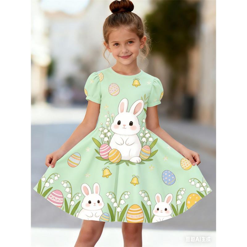 

Girls 3D Rabbit Print Summer Short Sleeve Dress | Crew Neck, A-Line Skirt, Perfect for Beach Outings and Casual Wear 170