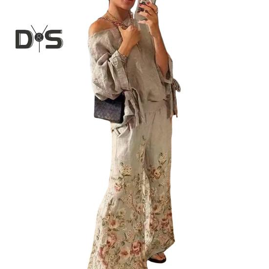 

Комплект из 2 предметов: топ и брюки, одно плечо, косой вырез, рукав три четверти, шнуровка на манжетах, блузка с цветочным принтом, эластичные широкие брюки с высокой талией L хаки