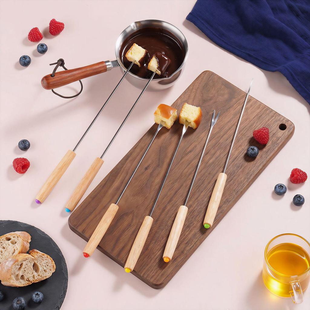 Oak Handle Fondue Fork Set - 6 Pieces for Cheese, Bread & Chocolate