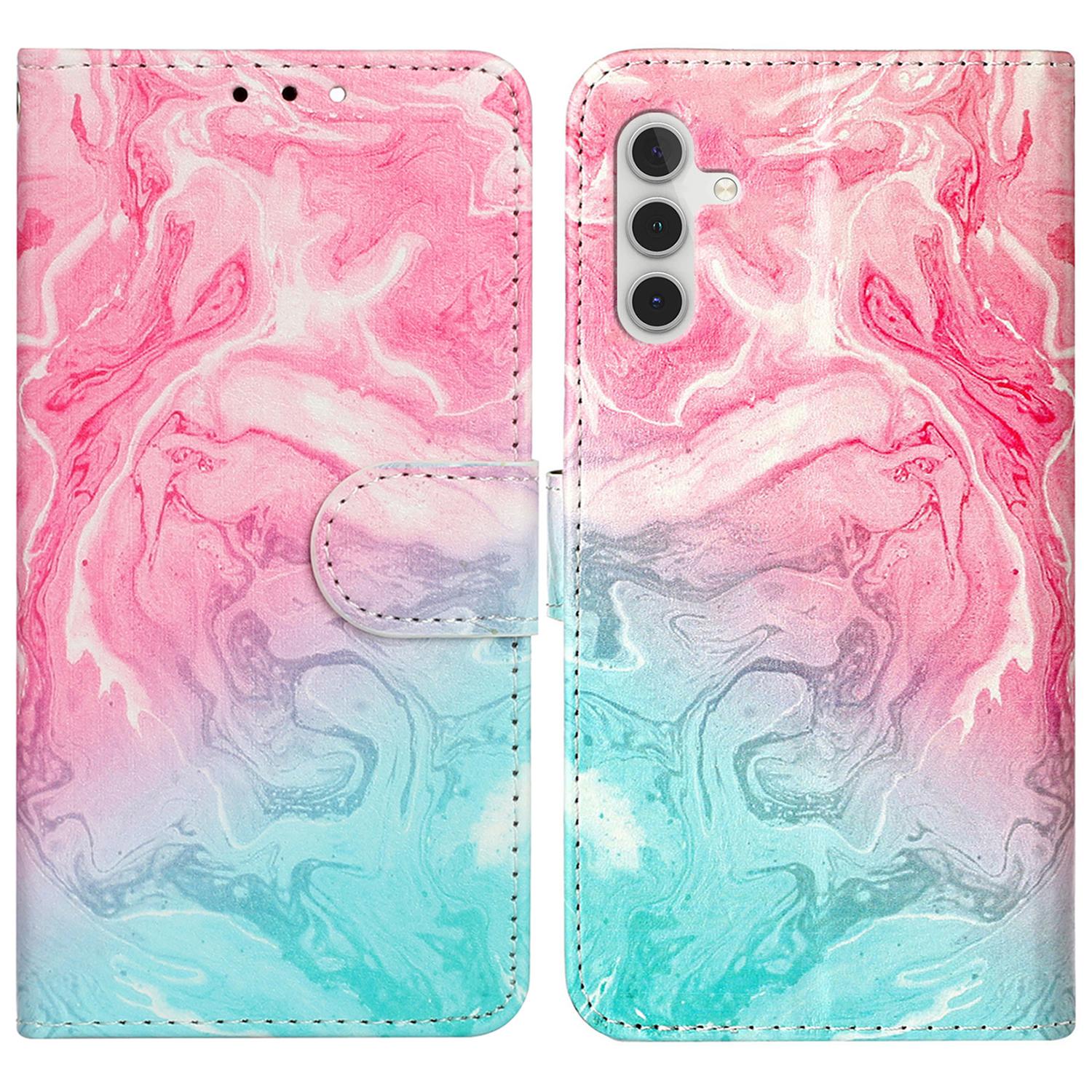 

For Samsung Galaxy S24 FE Case Pattern Design Leather Flip Phone Cover Pink Green Marble