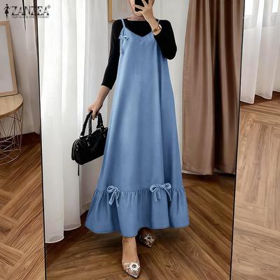 Women Casual V-Neck Loose Sleeveless Straps Long Dress