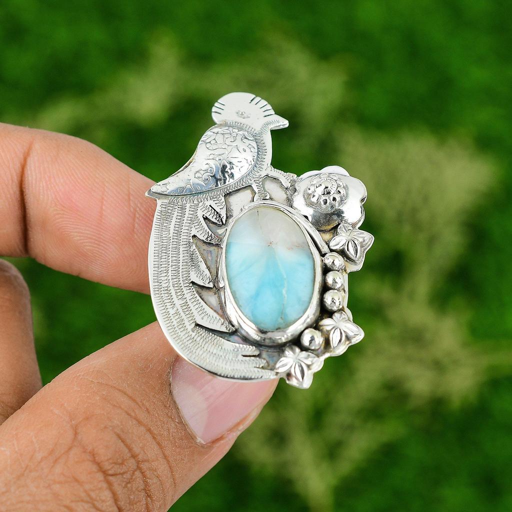 Natural Larimar Gemstone 925 Silver Promise Bird Adjustable Ring For Girls