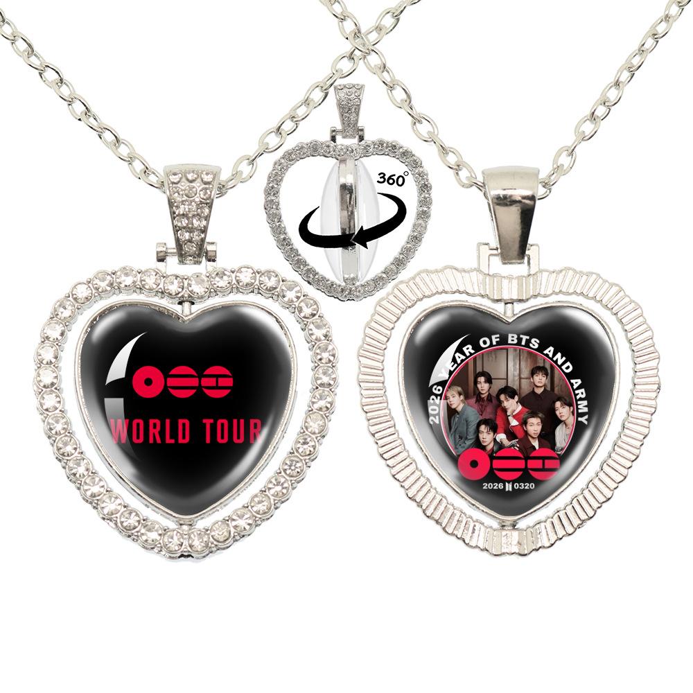 BTS Doppelseitige 360° drehbare Herz Halskette, Bangtan Boys Gruppe & Mitgliedsfoto Anhänger, Kpop ARMY Fans Schmuck Geschenk