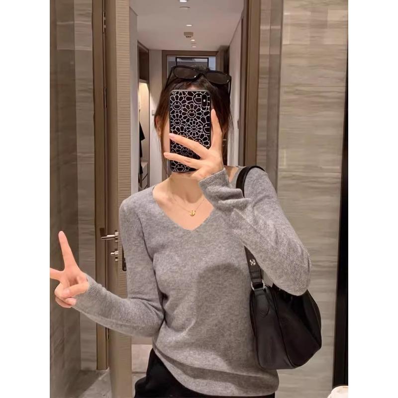 White sweater women's bottoming shirt spring, autumn and winter new v-neck versatile slim-fitting and thin inner long-sleeved knitted sweater top