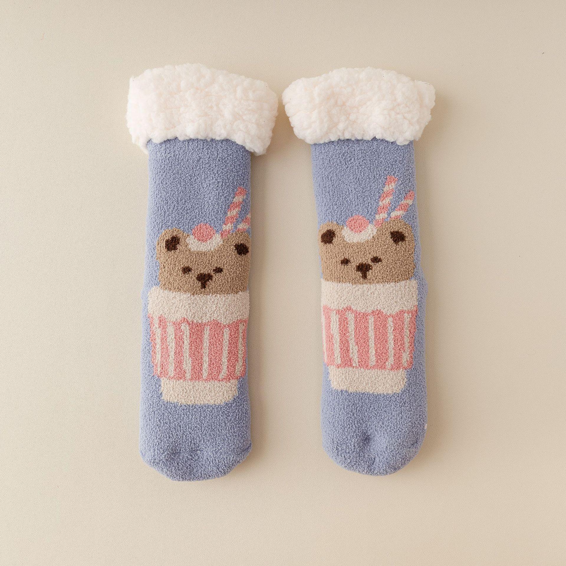 

Женские зимние носки из овчины, бархата и кораллового флиса - утолщенные хлопковые носки-тапочки, рождественско-красные, удобные носки-махровые для сна Milk tea bear; One Size