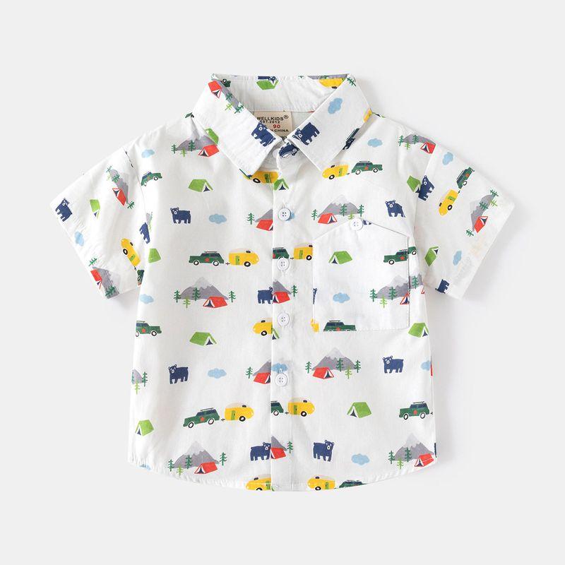 Boys' Car Printed Shirt Pure Cotton Summer Baby Boy Short Sleeve Shirt Children Dinosaur Half Sleeve Tops Seaside Vacation