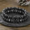 Neu Matt Schwarze Perle Vulkangestein Herren Armband Set Doppellagig Naturstein Perlenarmbänder Geschenke