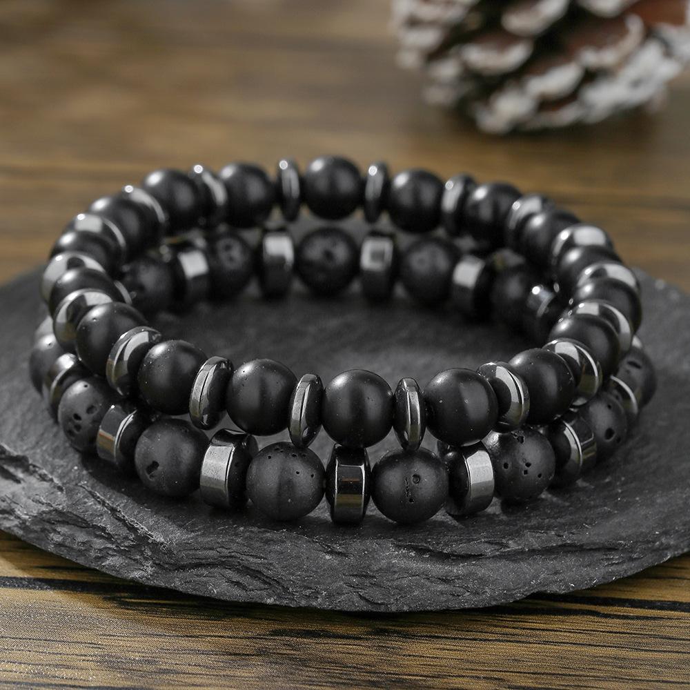 Neu Matt Schwarze Perle Vulkangestein Herren Armband Set Doppellagig Naturstein Perlenarmbänder Geschenke