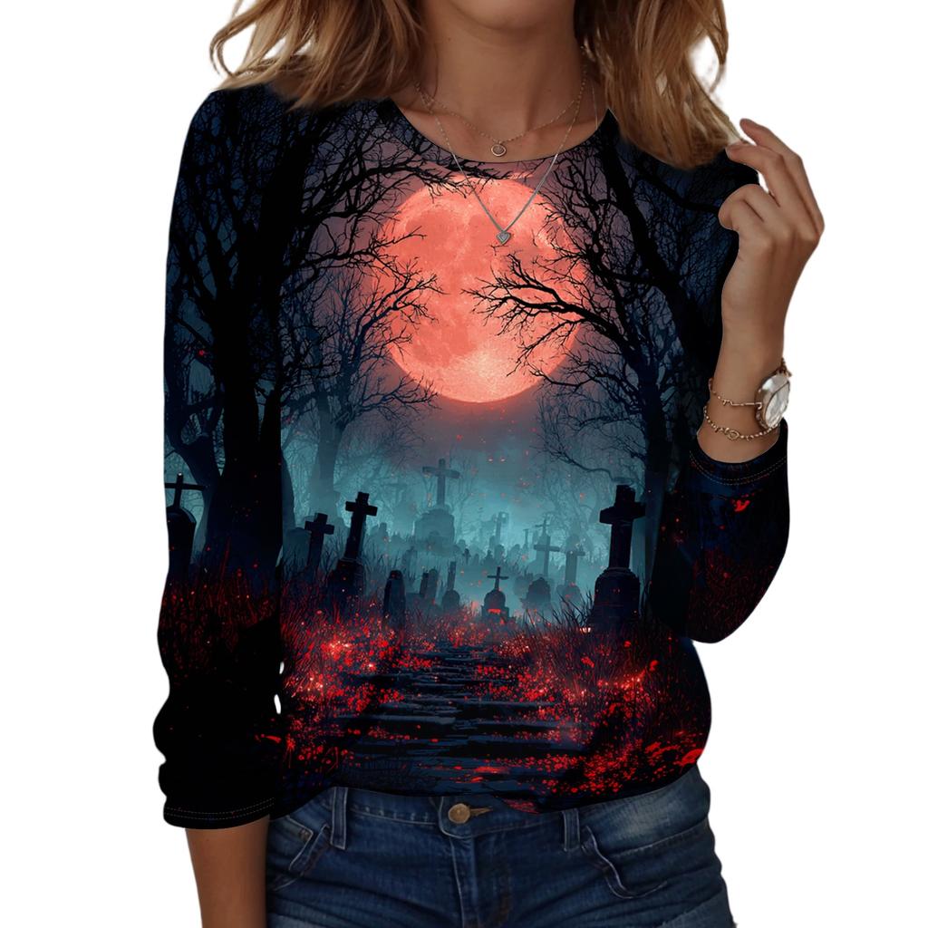 Women's Halloween Print Neck Long Sleeve Pullover Sweatshirt