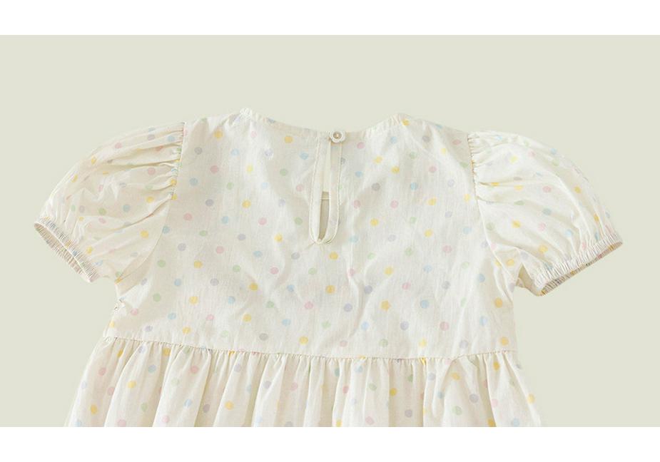 2026 Summer Girls' Colorful Polka Dot Puff Sleeve Princess Dress with Square Neck and Lace Short Sleeves
