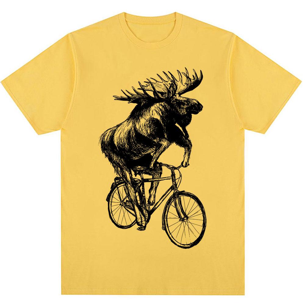 Funny Moose on Bicycle Graphic T Shirt Men Women Vintage Harajuku Creativity T-shirts Oversized Cotton Casual T-shirt