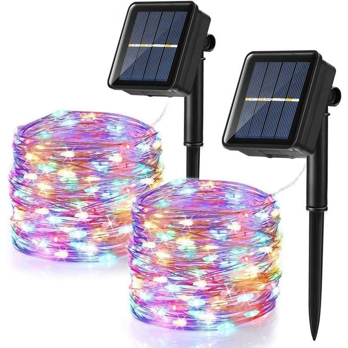 Lot de 2 guirlandes solaires 2×12 m - 200 LED blanc chaud, 8 modes, étanches, fil cuivre
