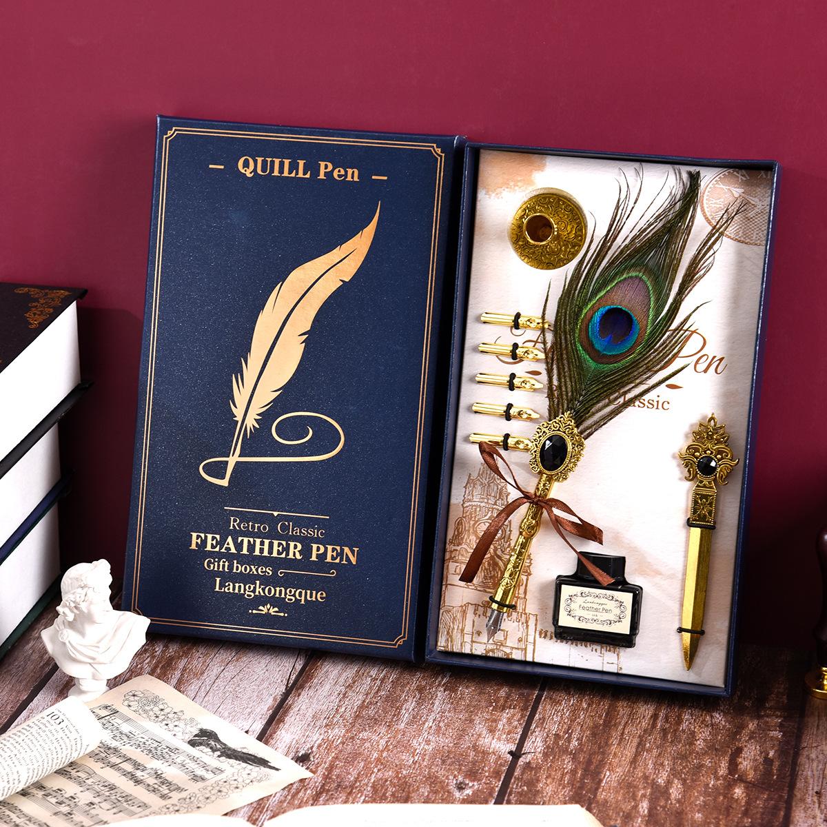 

Peacock Gemstone Feather Pen, Blue Box Round Base, Peacock Gemstone Dip Pen, Gift Box Set, Calligraphy Practice Gift, Lacquer