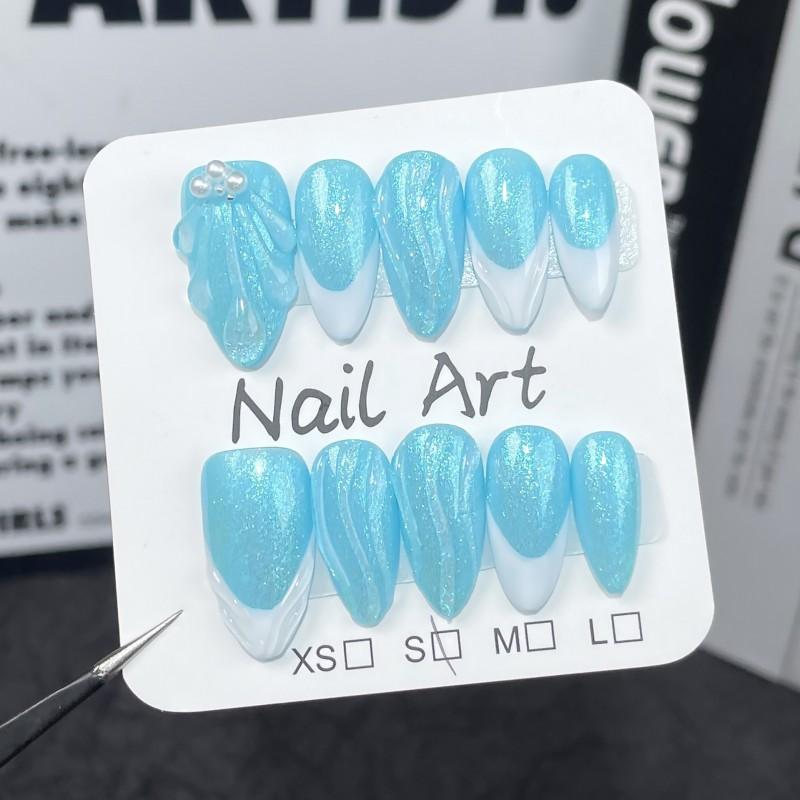 Handmade Press-On Nails In Almond Shape With Ocean Blue Shell French Tip Design Extra Small