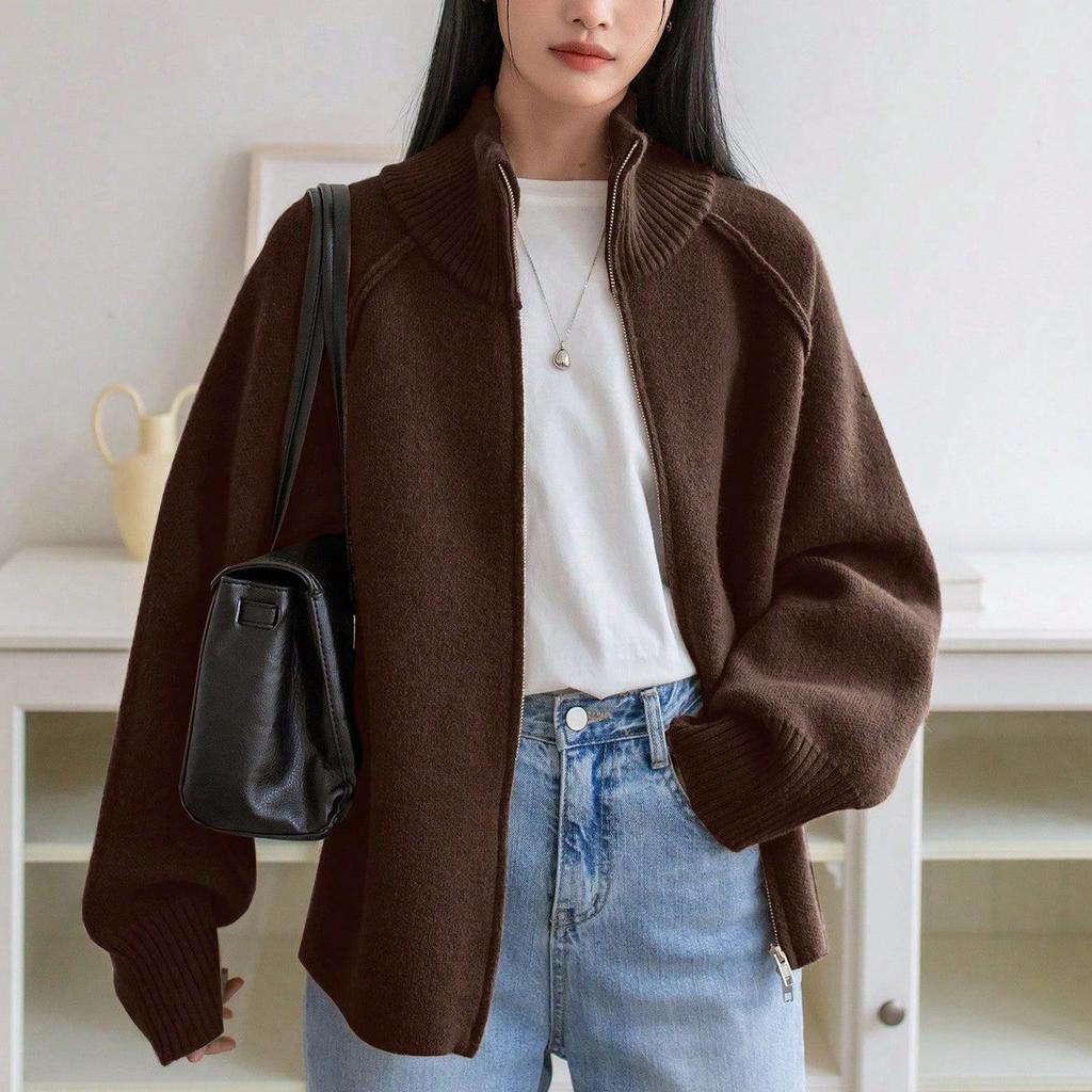 Solid Stand Collar Zip Knitted Cardigan Top Sweater Jacket