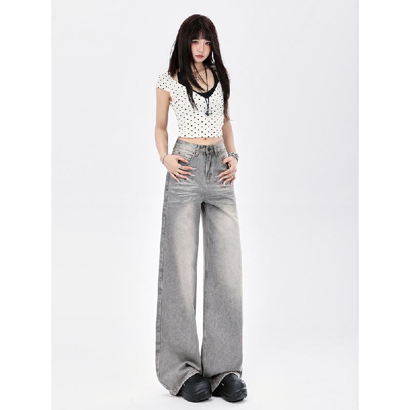American Retro Style Smoky Gray High-end Wide-leg Jeans for Women, 2026 New Model, Drapey, Loose, Straight-leg, Floor-length Pants