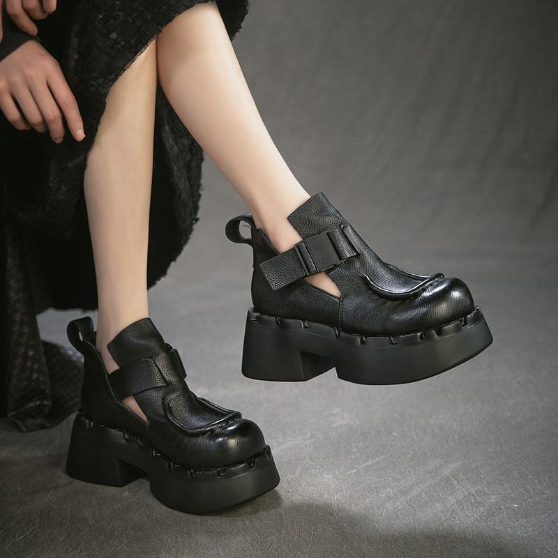 Johnature Commuter Retro Thick Soled High Heels Pumps Versatile Genuine Leather Women's Platform Shoes