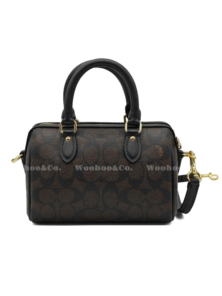 Coach Brown Signature Canvas Mini Rowan Duffle Bag with Leather Trim & Gold Hardware for Daily Use
