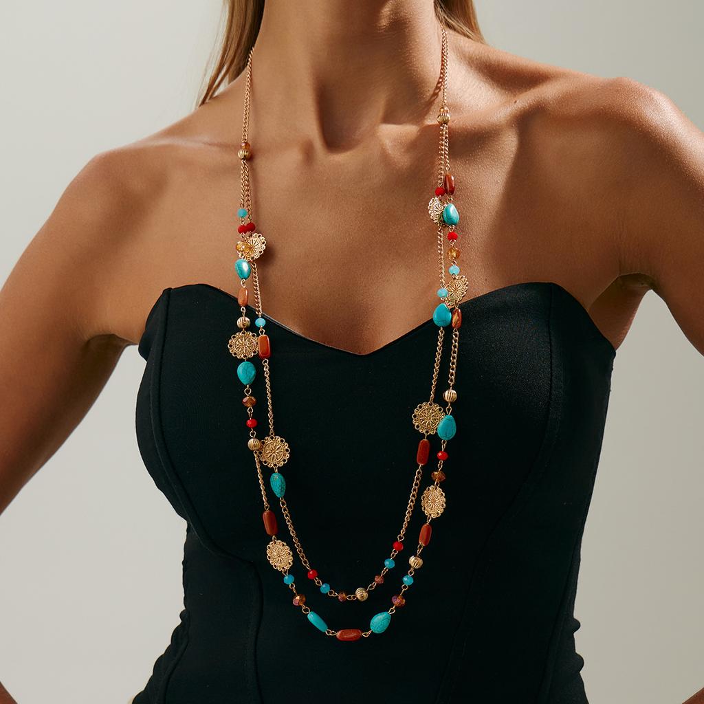Bohemian Imitation Turquoise Beaded Fringed Long Necklace, Fashionable Ethnic Flower Plate Collarbone Chain