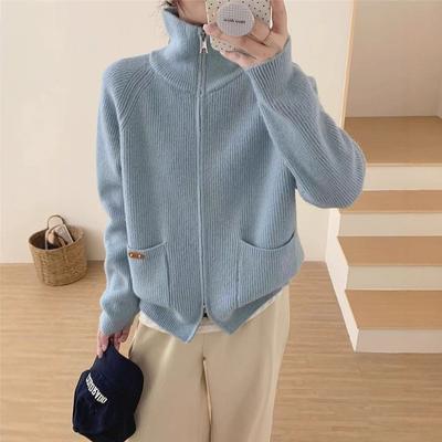 Stand-up Collar Double Zipper Knitted Cardigan for Women's Autumn and Winter New Loose and Versatile Lazy Style Casual Sweater Jacket for Women