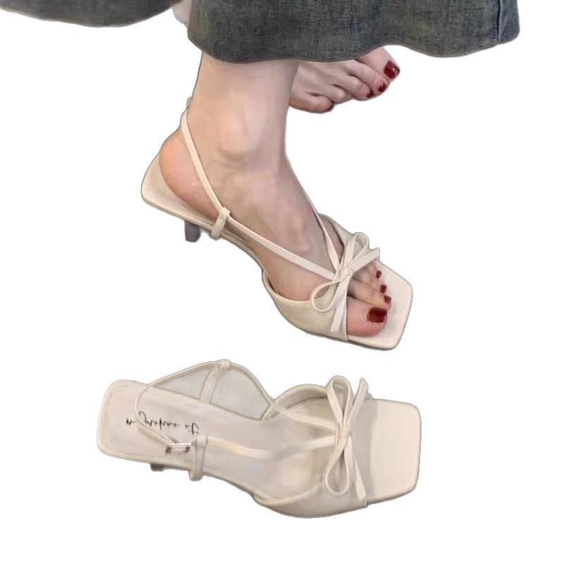 Fairy Wind French Square Head Bow Open-toed Sandals Female 2025 Summer New Rear Strap Stiletto High Heels Women's Shoes