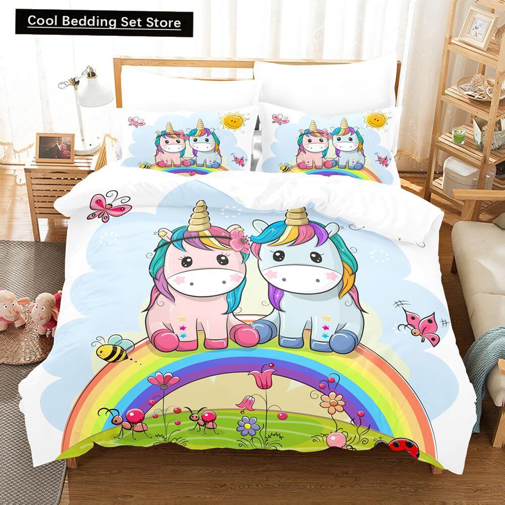 Cartoon Rainbow Unicorn Bedding Sets 135x200 Duvet Cover Set Pillowcases Queen Single Double Twin Size Bed Linen for Kids Girls