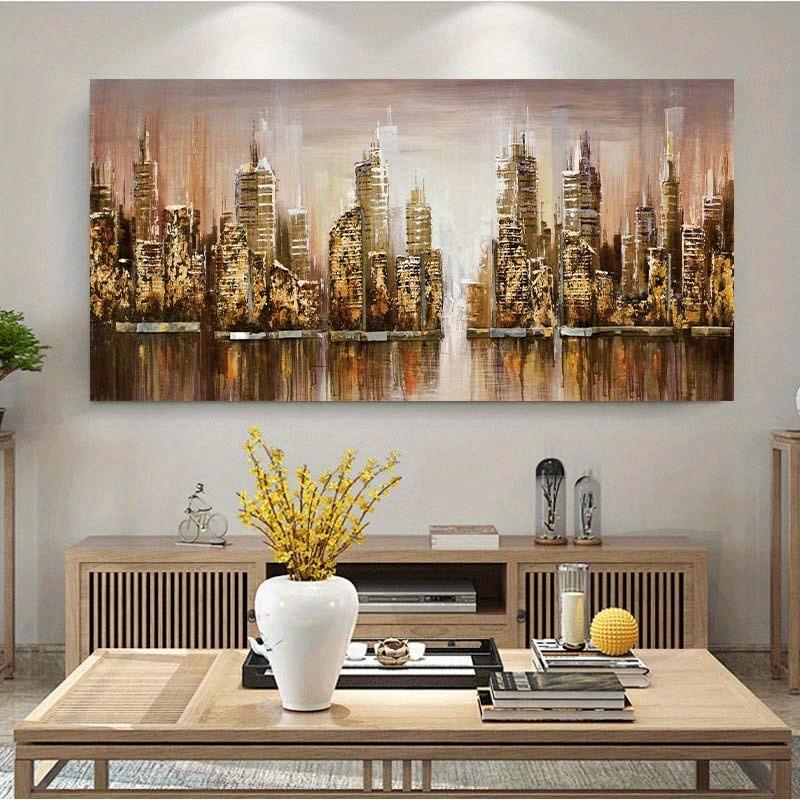 

Texture Abstract Panoramic City Skyline Painting Canvas Painting Wall Art Painting Black Gold Artwork Living Decor 20x40cm NoFrame