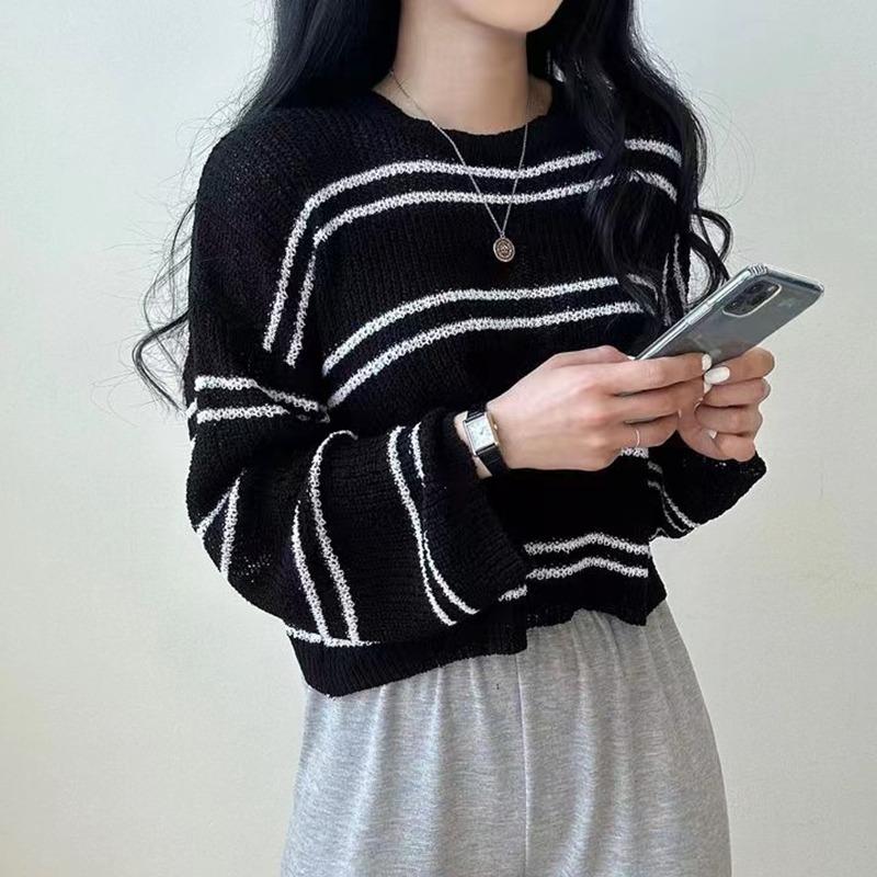2025 Fashion Long Sleeve Stripes Pullover Sweater Women Loose Knitted Casual Thin Office Short Blouse Casual Simple Hollow Out O-neck Elegant Tops