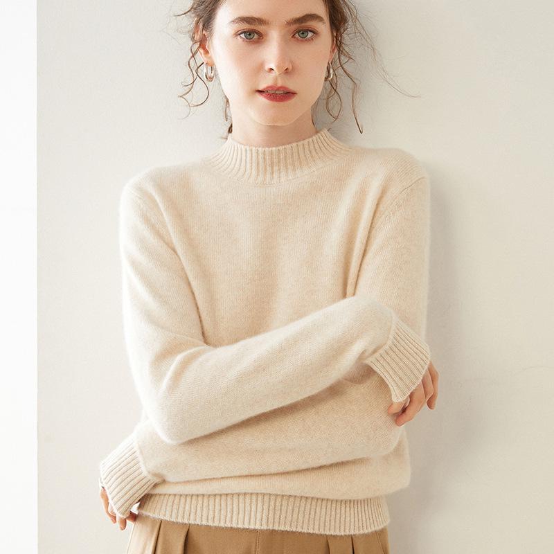 Women's Cashmere Half-High Collar Solid Color Pullover Sweater for Autumn/Winter - Loose, Thickened, Knit Base Layer