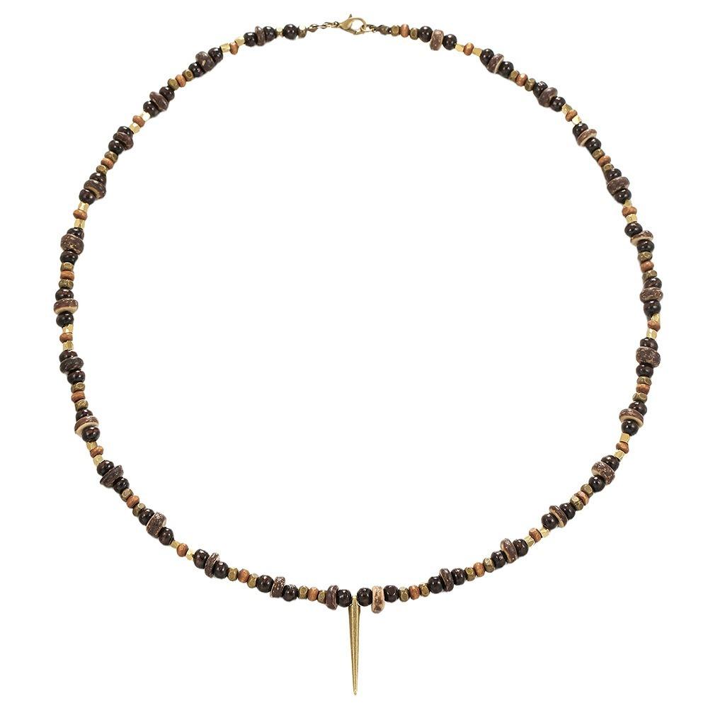 

Wooden Beads Vintage Necklace Bronze Pendant Taper Design Ethnic Necklace Long Length Tribal Necklace Retro Accessories кофейный