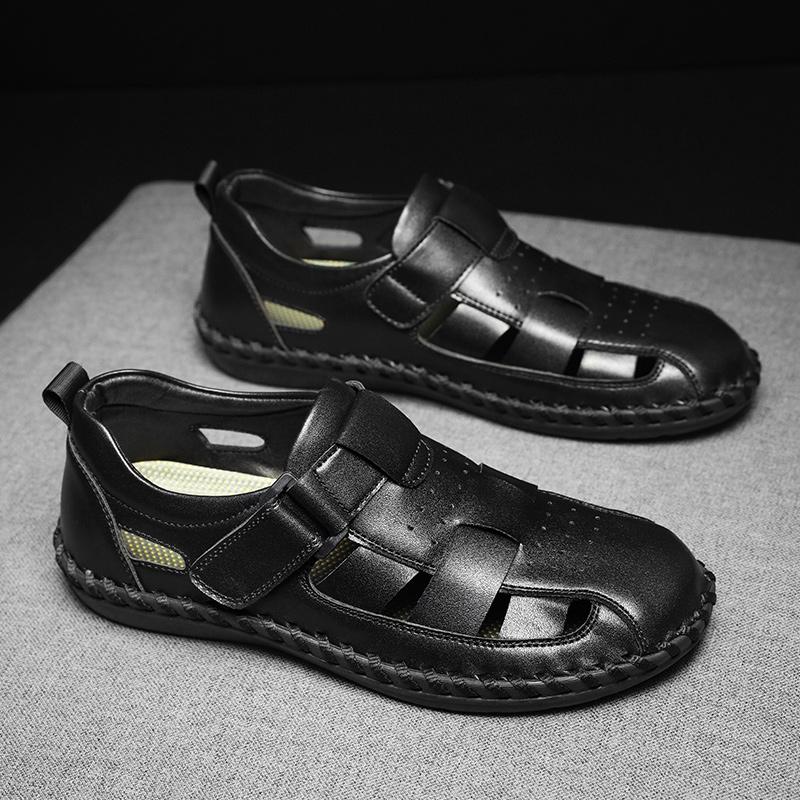 Fashion Hand-stitching Summer Sandals Genuine Leather Mens Casual Shoes Outdoor Non-slip Sandals  Hollow Male Beach Footwear Roman Shoes
