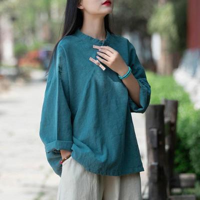 Women Shirts and Tops Stand Long Sleeve Blouses Spring Summer Cotton Linen Shirts