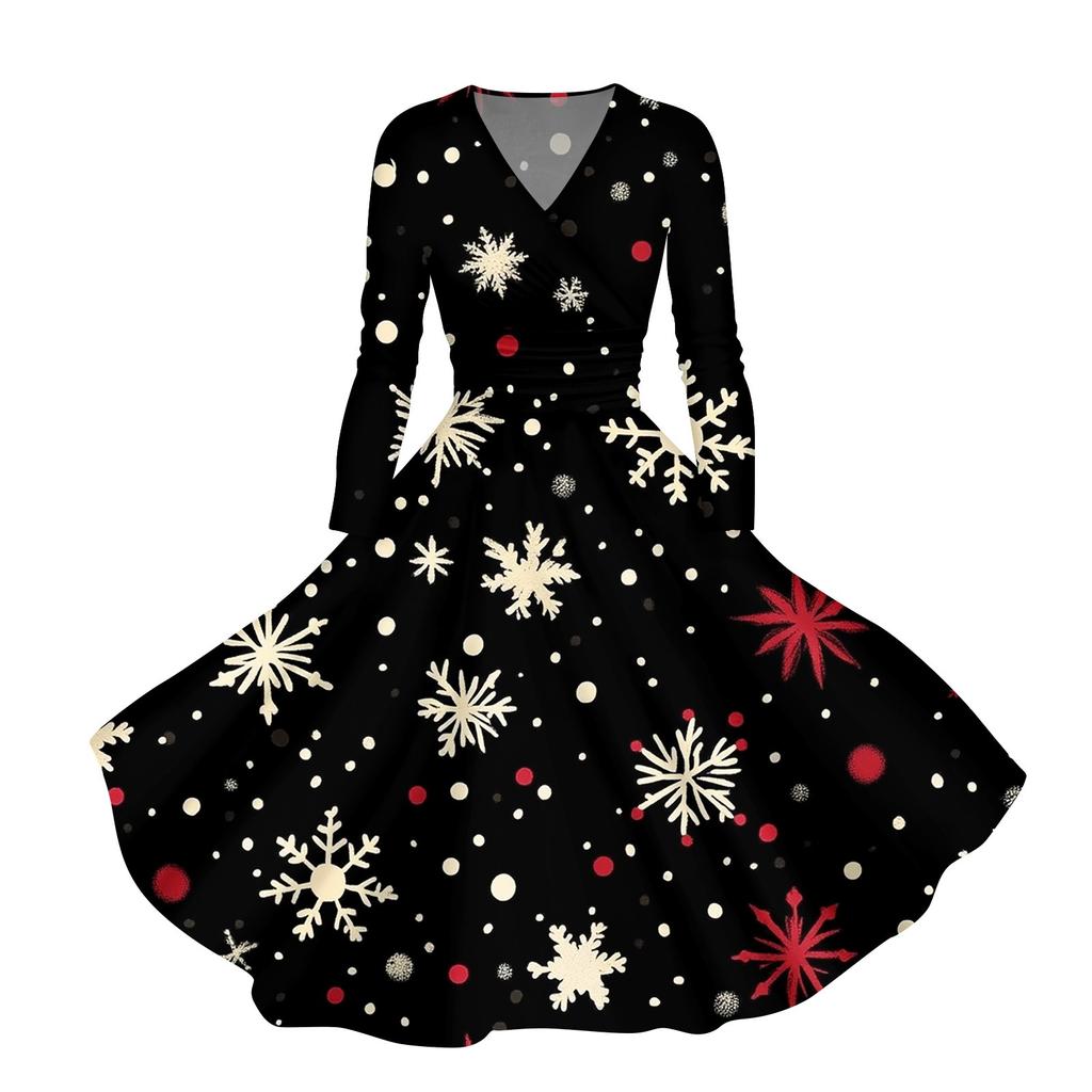 Abito casual da donna con scollo a V, maniche lunghe, stampa natalizia retrò, autunno