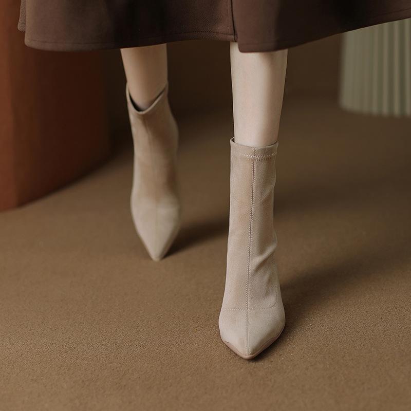 Elastic short boots women's autumn and winter 2025 new thick heel pointed suede splicing bare boots medium heel thin boots