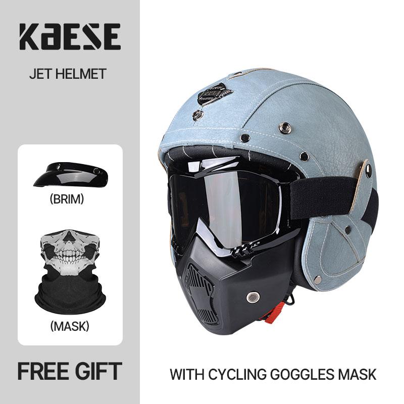 Newest Black Leather Open Face Motorcycle Helmet With Mask Scooter Riding Caque Classic Electric Motorbike Jet Cascos Para Moto