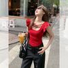 Red Shoulder Square Neck Lace Short-sleeved T-shirt Women's Summer Niche Design Sense Sexy Hot Girl Small High Waist Top