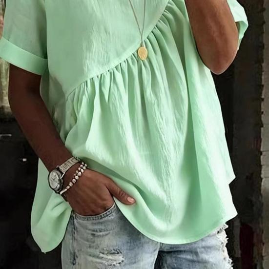 Damen-T-Shirt mit Rundhalsausschnitt, kurzen Ärmeln und Rüscheneinsatz, einfarbig, locker geschnitten, lässiges Sommertop