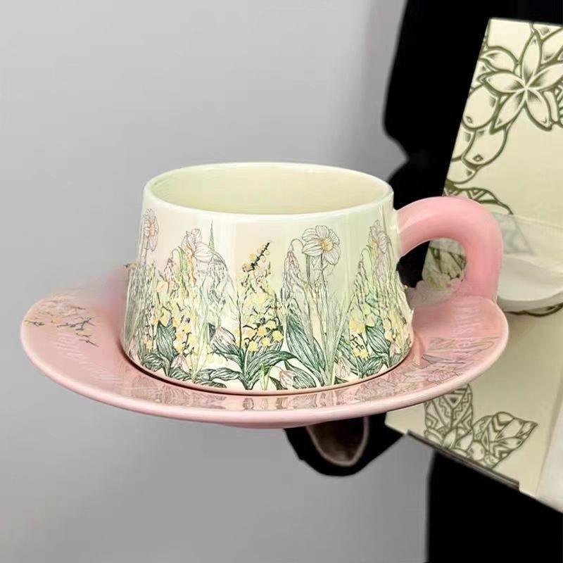 Kontrastfarben Ölmalerei Rosa Windspiel Blume Kaffeetasse Nachmittagstee Tasse Retro Keramiktassen- und Untertassenset Mädchen Souvenir Geschenk