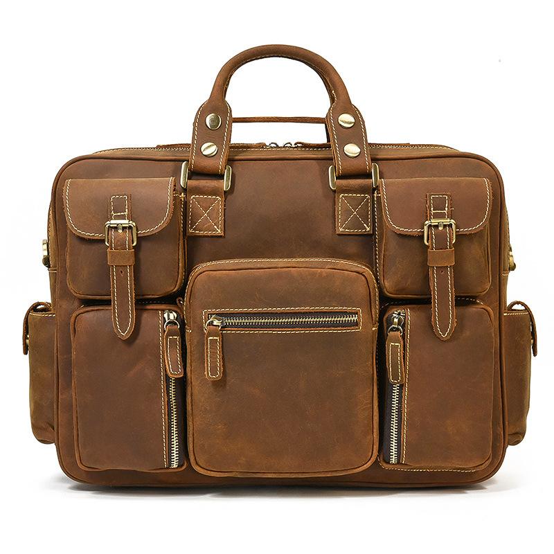 Vintage Crazy Horse Leather Travel Bag Men'S Business Cowhide Briefcase Genuine Leather Portable Oblique Span Bag Briefcase