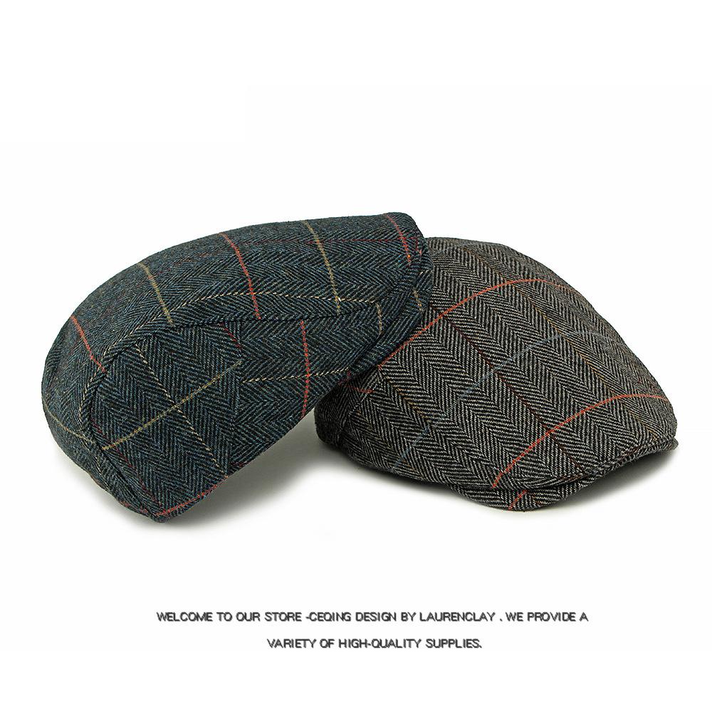 Autumn Winter Men's Hat Middle-Aged Wool Forward Cap British Vintage Beret Plaid Peaked Cap