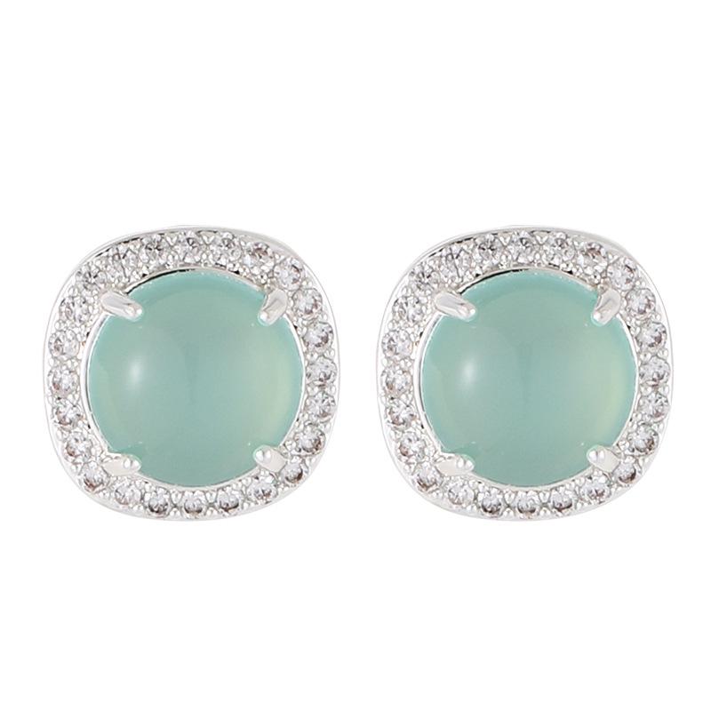 Mint Green Chalcedony Square Stud Earrings with Diamond Border, Cat's Eye, Translucent Jade - Elegant Commuting Jewelry