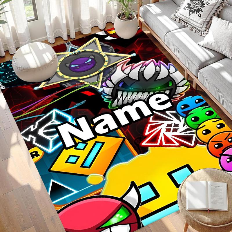 Custom Name Personalized Geometry Dash Print Carpet, Versatile Home Decor Rug, for Playroom, Apartment, Balcony, Entryway, Hallway Gift