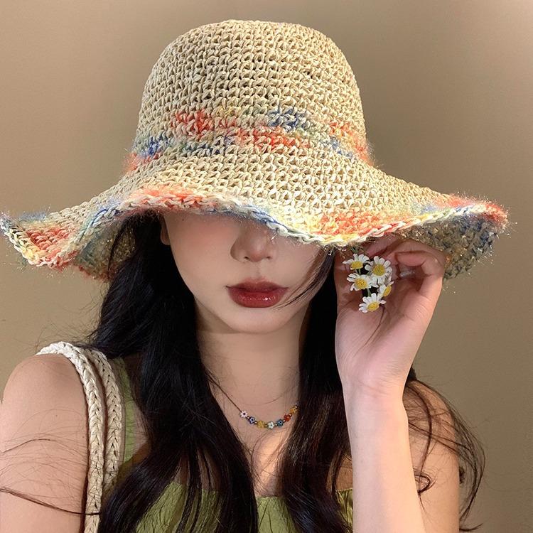 Hand-woven straw hat, color mixed thread, big brim, fashion sunscreen, straw hat, children's vacation style sun hat, summer