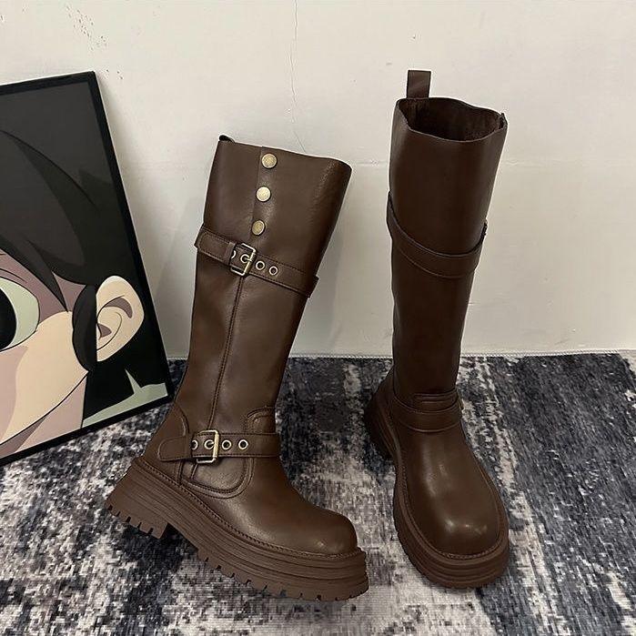 Women's Long Boots Fashion Two Wear British Style Belt Buckle Women Shoes Square Heel Round Toe Pleated Boots Large Size 39 40