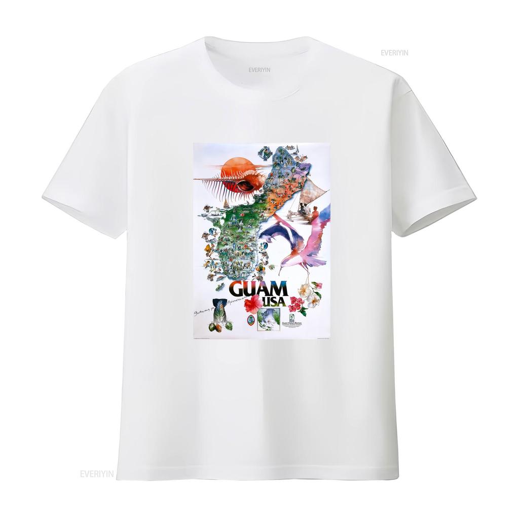 Retro Watercolor Guam Tropical Island Travel Print Casual T Shirt Vintage Washed Streetwear Fashion Breathable Stylish