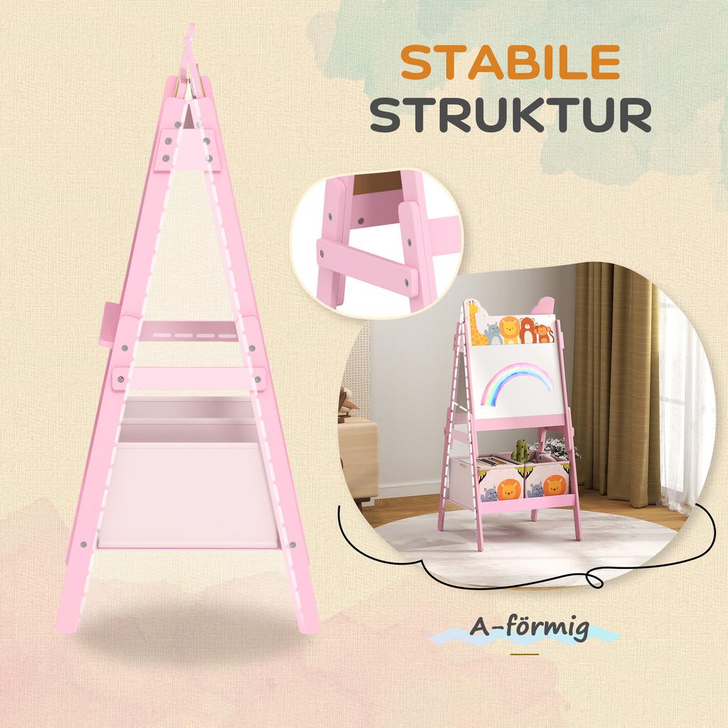 2 in 1 Kids Easel with Whiteboard, Chalkboard, Storage Boxes, for Ages 3-8 Years, Pink