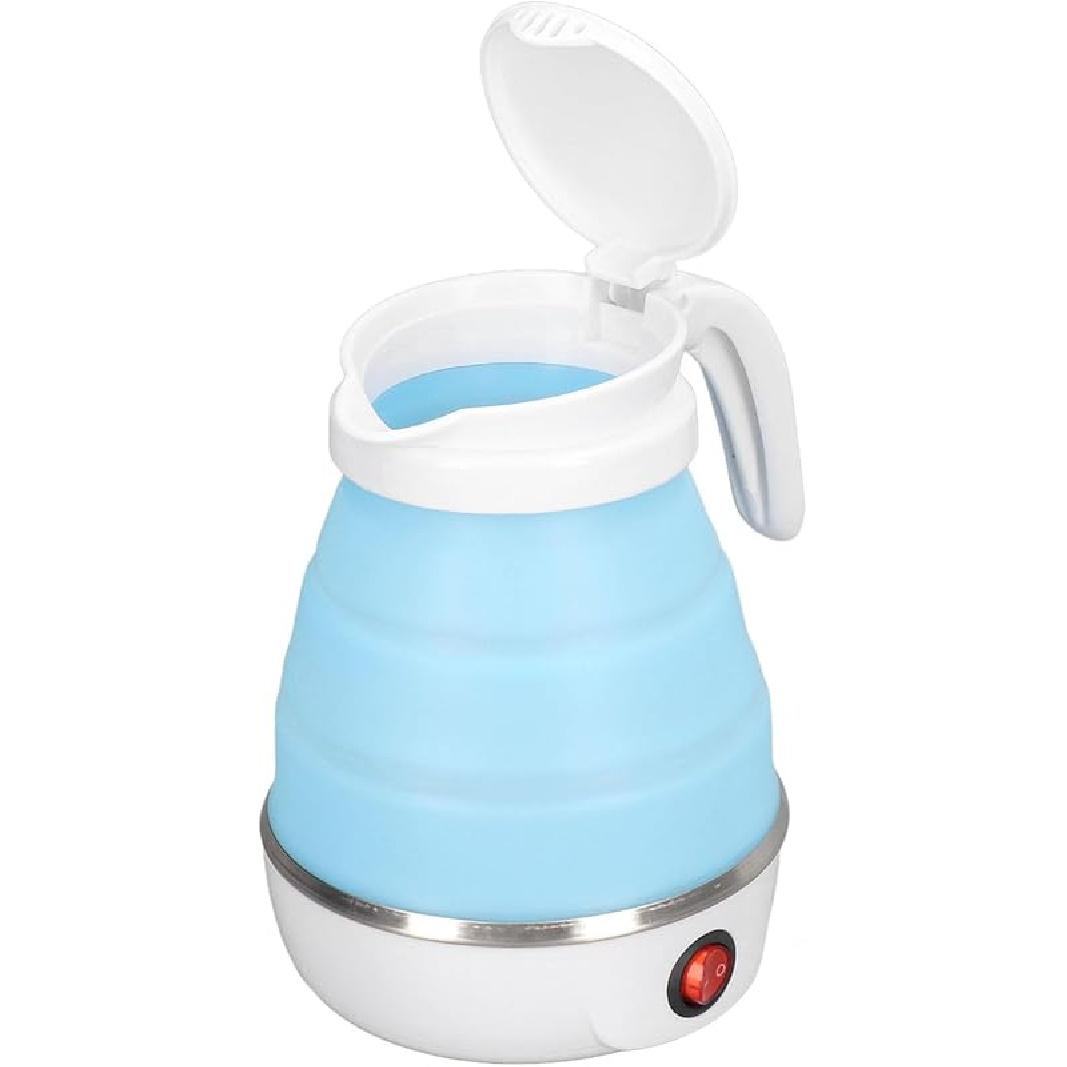 Складной дорожный электрочайник, силиконовый и из нержавеющей стали, быстрокипящий складной электрочайник 0,6 л для кемпинга (синий)